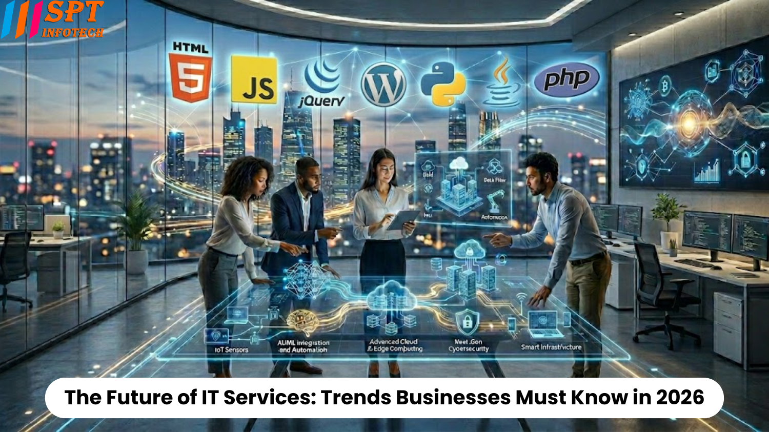 Team of IT professionals discussing future technologies like AI, cloud computing, cybersecurity, and web development tools in a modern office environment.